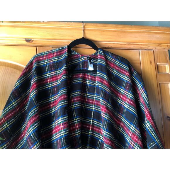 Talbots Tartan Plaid Open Front Ruana Wrap Cape Shawl Fringe M/L - Picture 4 of 13